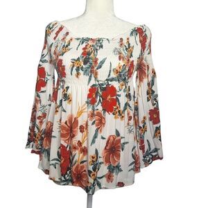 Charlotte Russe Womens Cottagecore Top Floral Off-Shoulder White Flare Flowy XL